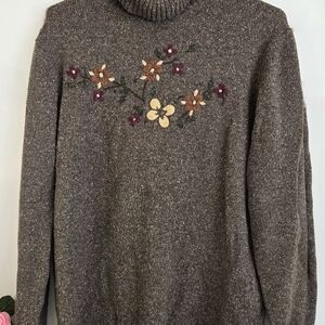 Vintage Penmans Brown Embroidered Turtleneck Sweater with Floral Accents, Size L